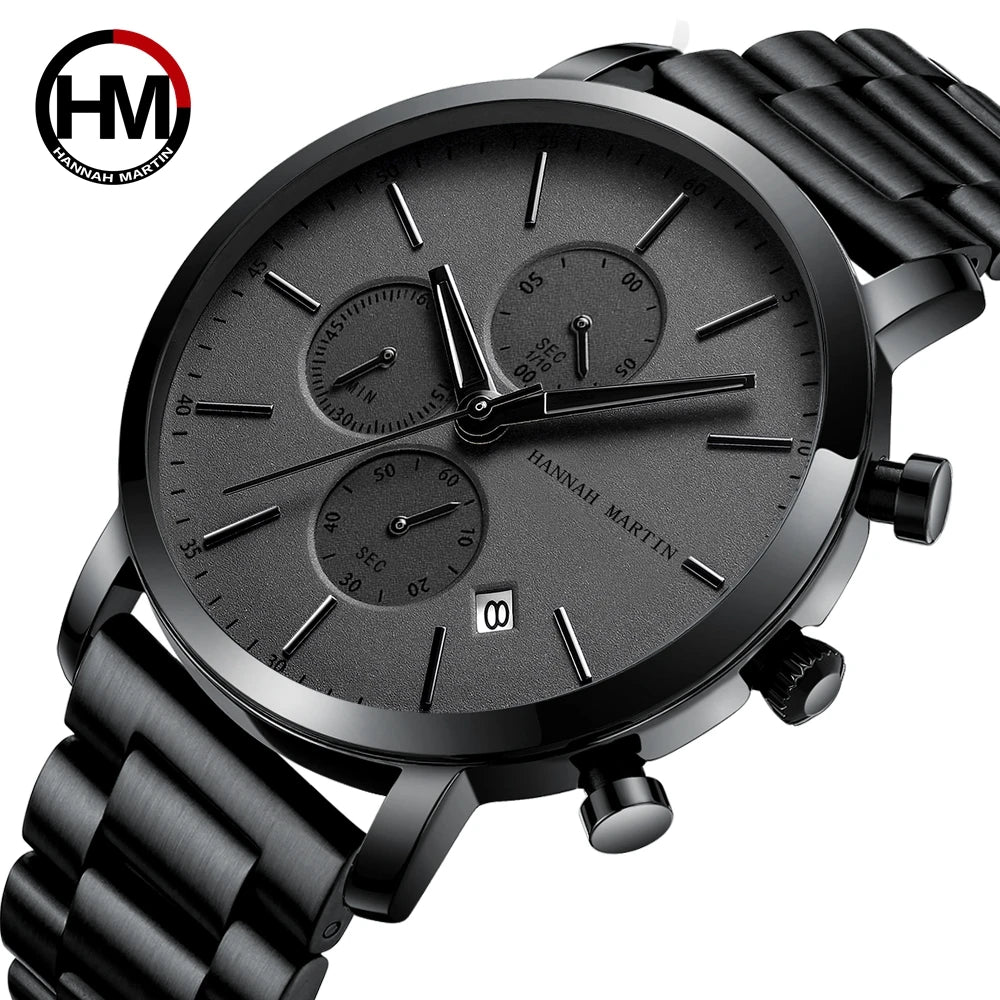 Hannah Martin Top Men Watch Brand Business Style Stainless Steel Fashion Waterproof Sports Multifunctional Quartz Watch for Men