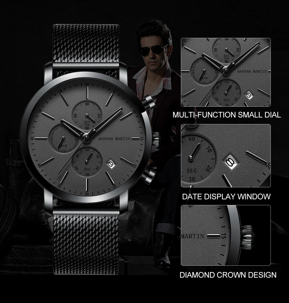 Hannah Martin Top Men Watch Brand Business Style Stainless Steel Fashion Waterproof Sports Multifunctional Quartz Watch for Men