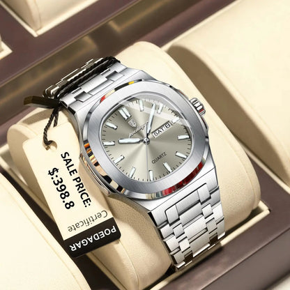 POEDAGAR Luxury Military Man Watch Square Waterproof Luminous Date Week Men Watch Stainless Steel Quartz Men's Watches Reloj+box
