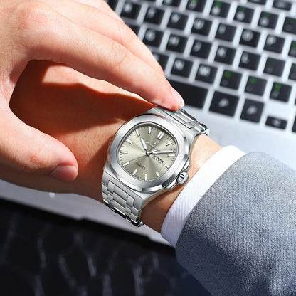 POEDAGAR Luxury Military Man Watch Square Waterproof Luminous Date Week Men Watch Stainless Steel Quartz Men's Watches Reloj+box