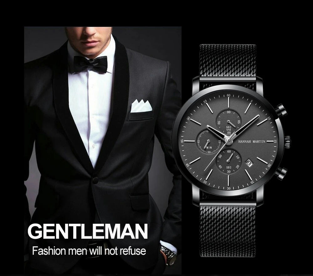 Hannah Martin Top Men Watch Brand Business Style Stainless Steel Fashion Waterproof Sports Multifunctional Quartz Watch for Men