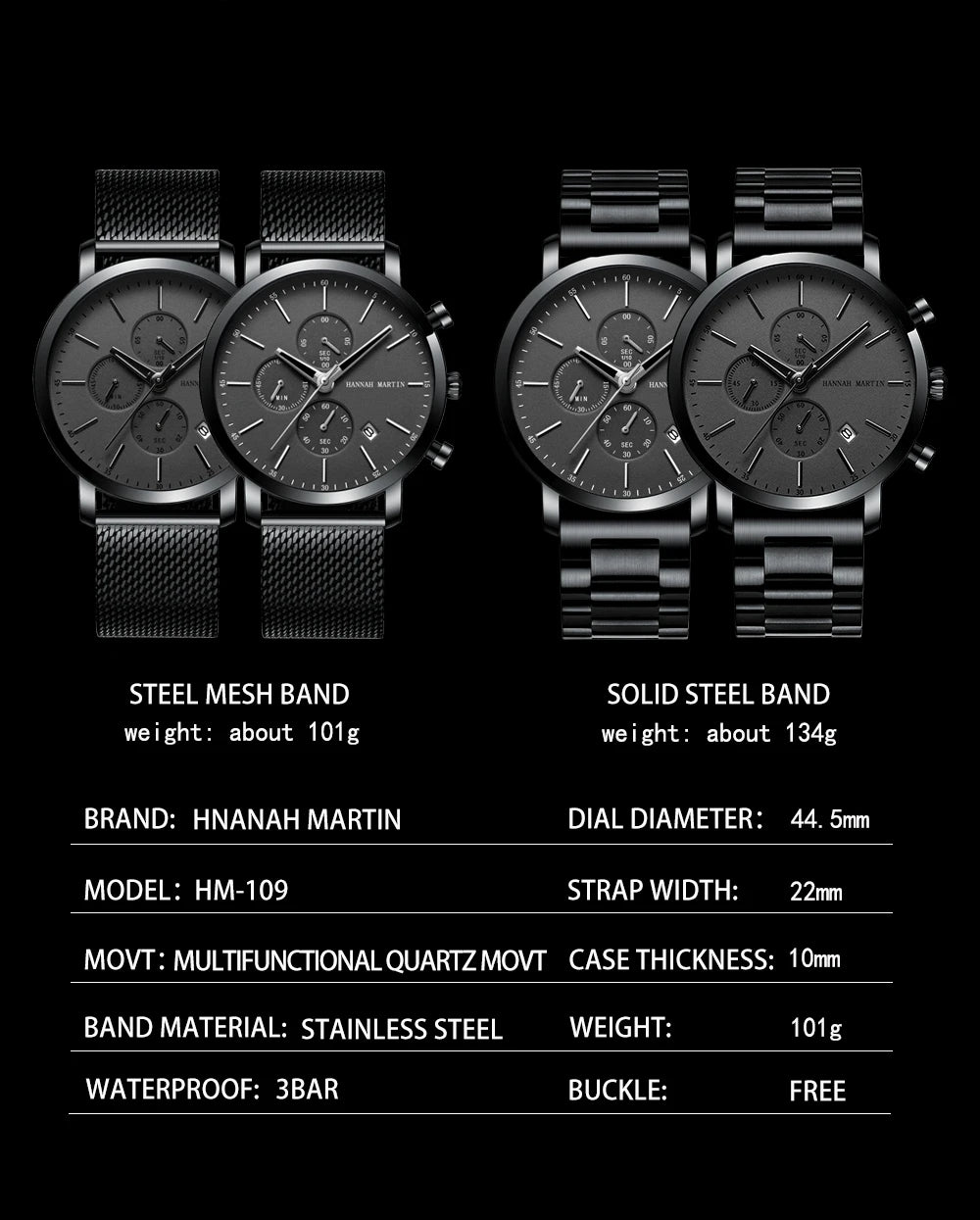 Hannah Martin Top Men Watch Brand Business Style Stainless Steel Fashion Waterproof Sports Multifunctional Quartz Watch for Men