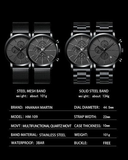 Hannah Martin Top Men Watch Brand Business Style Stainless Steel Fashion Waterproof Sports Multifunctional Quartz Watch for Men