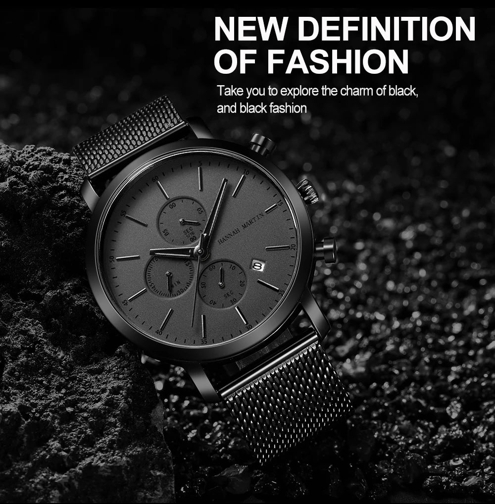 Hannah Martin Top Men Watch Brand Business Style Stainless Steel Fashion Waterproof Sports Multifunctional Quartz Watch for Men