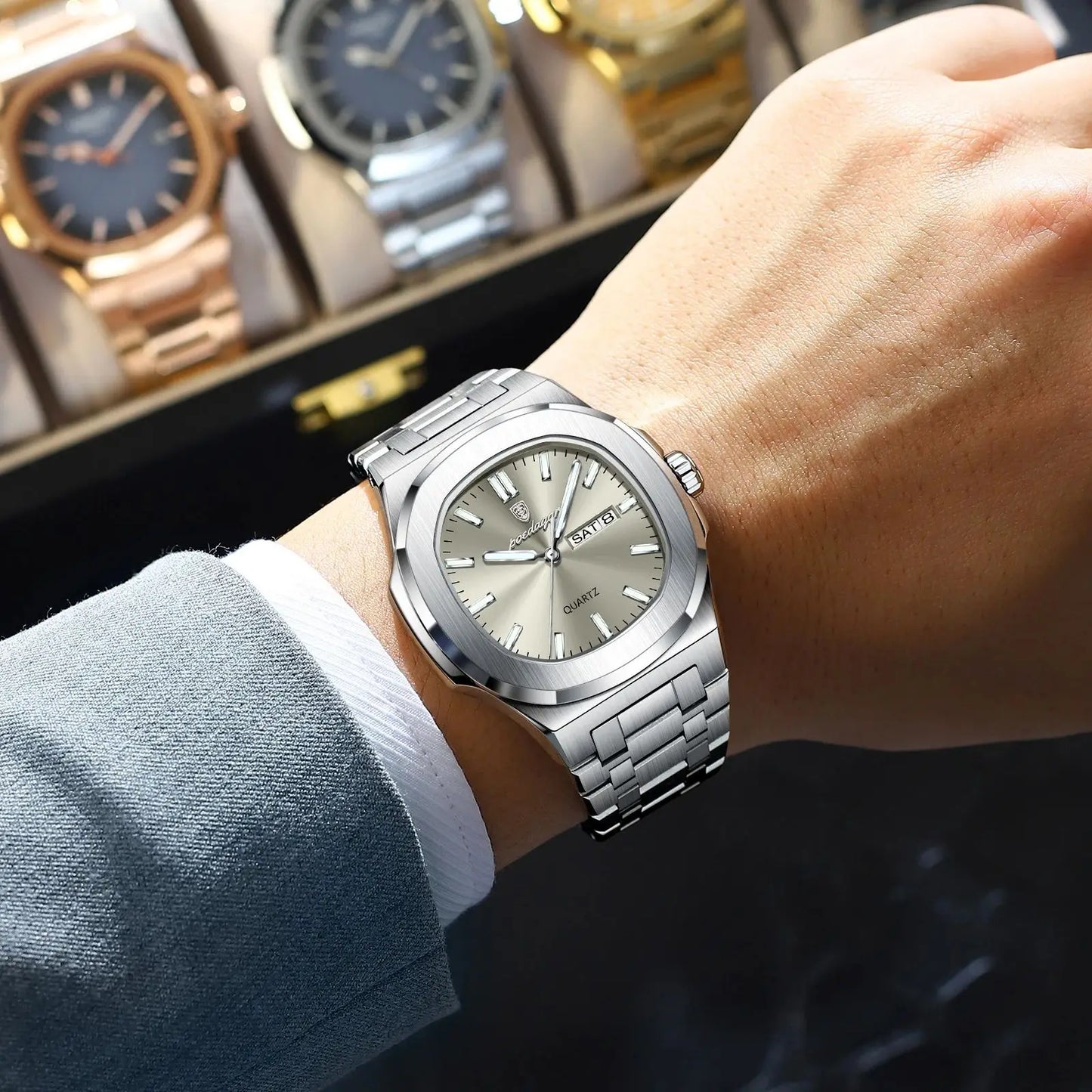 POEDAGAR Luxury Military Man Watch Square Waterproof Luminous Date Week Men Watch Stainless Steel Quartz Men's Watches Reloj+box