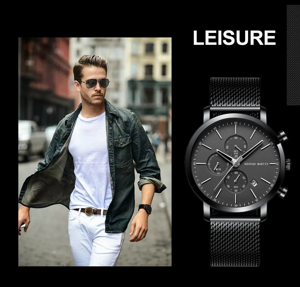 Hannah Martin Top Men Watch Brand Business Style Stainless Steel Fashion Waterproof Sports Multifunctional Quartz Watch for Men