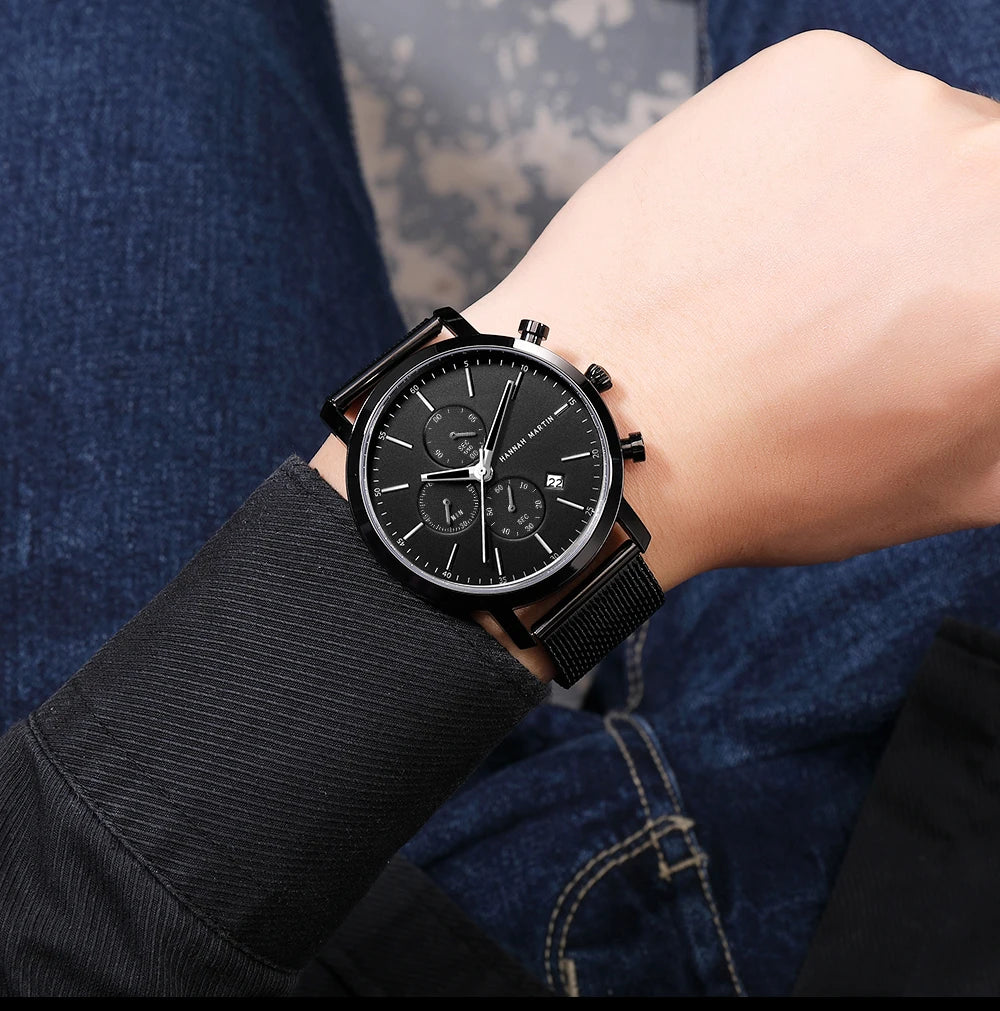 Hannah Martin Top Men Watch Brand Business Style Stainless Steel Fashion Waterproof Sports Multifunctional Quartz Watch for Men