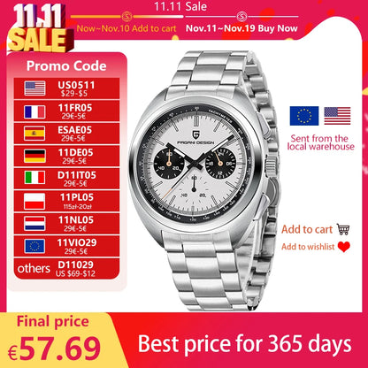 PAGANI DESIGN 2025 New Panda Dial Men Watches Luxury Quartz Watch For Men Japan VK63 Sport Chronograph Sapphire glass Wristwatch