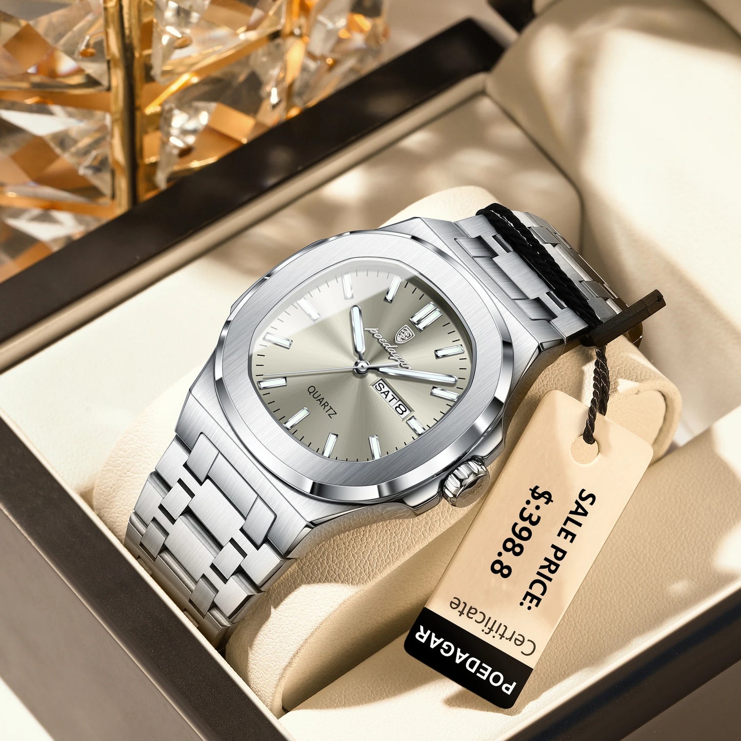 POEDAGAR Luxury Military Man Watch Square Waterproof Luminous Date Week Men Watch Stainless Steel Quartz Men's Watches Reloj+box