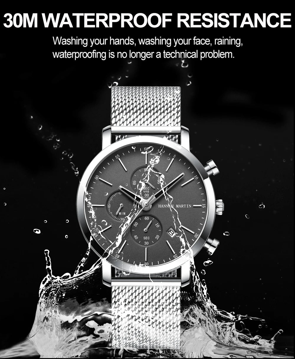 Hannah Martin Top Men Watch Brand Business Style Stainless Steel Fashion Waterproof Sports Multifunctional Quartz Watch for Men