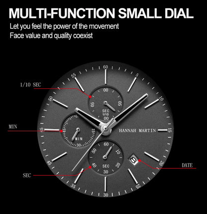 Hannah Martin Top Men Watch Brand Business Style Stainless Steel Fashion Waterproof Sports Multifunctional Quartz Watch for Men