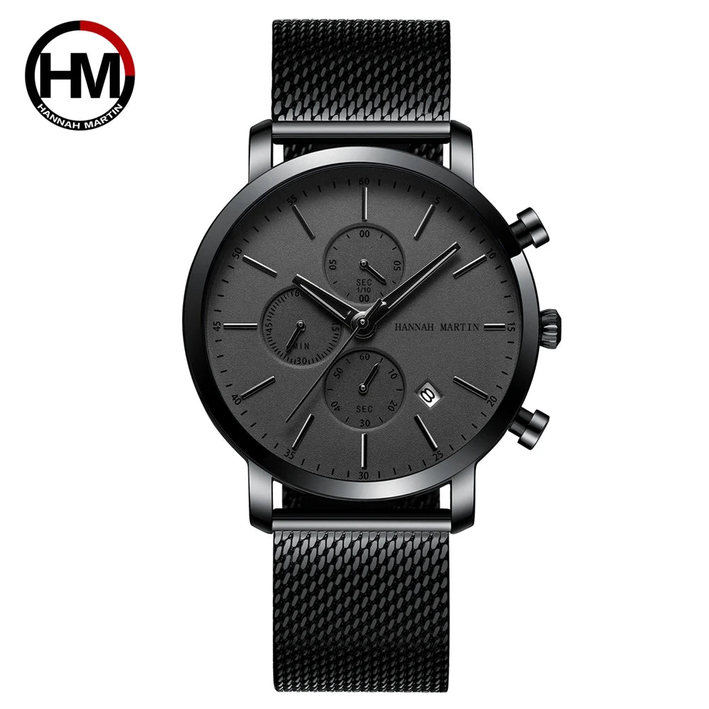 Hannah Martin Top Men Watch Brand Business Style Stainless Steel Fashion Waterproof Sports Multifunctional Quartz Watch for Men