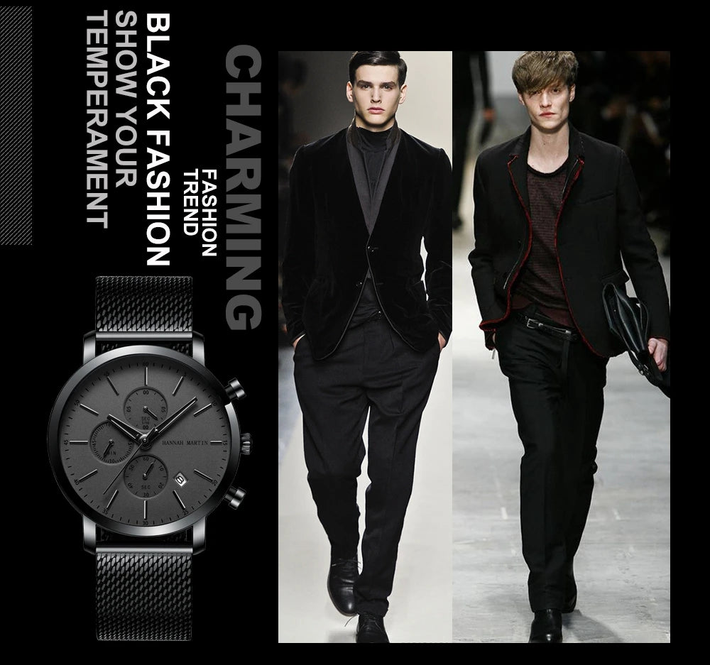 Hannah Martin Top Men Watch Brand Business Style Stainless Steel Fashion Waterproof Sports Multifunctional Quartz Watch for Men