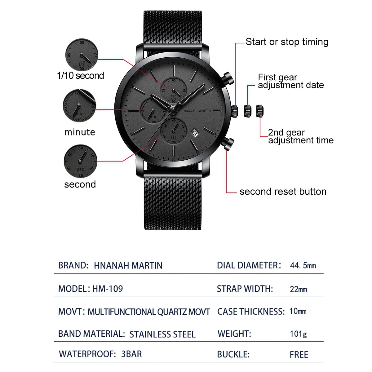 Hannah Martin Top Men Watch Brand Business Style Stainless Steel Fashion Waterproof Sports Multifunctional Quartz Watch for Men