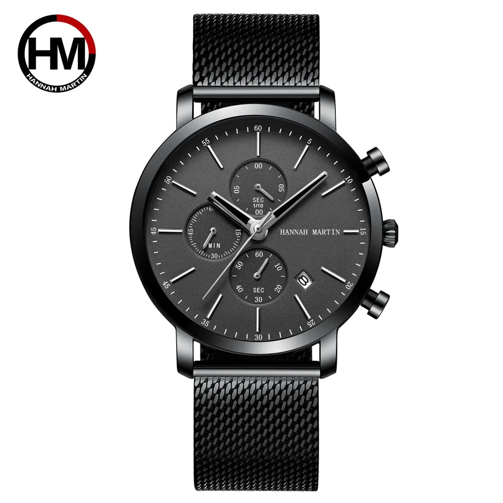 Hannah Martin Top Men Watch Brand Business Style Stainless Steel Fashion Waterproof Sports Multifunctional Quartz Watch for Men