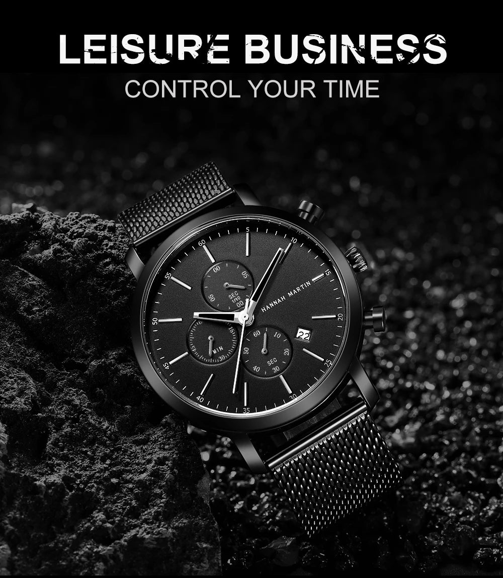 Hannah Martin Top Men Watch Brand Business Style Stainless Steel Fashion Waterproof Sports Multifunctional Quartz Watch for Men